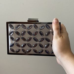 Saks Fifth Avenue Silver Evening Box Clutch With Beaded Fabric